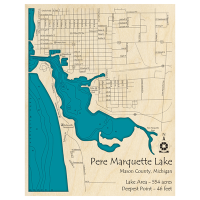 Bathymetric topo map of Pere Marquette Lake, MI with roads, towns and depths noted in blue water.