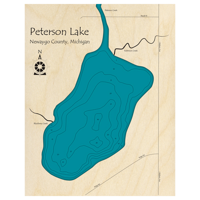 Bathymetric topo map of Peterson Lake, MI with roads, towns and depths noted in blue water.
