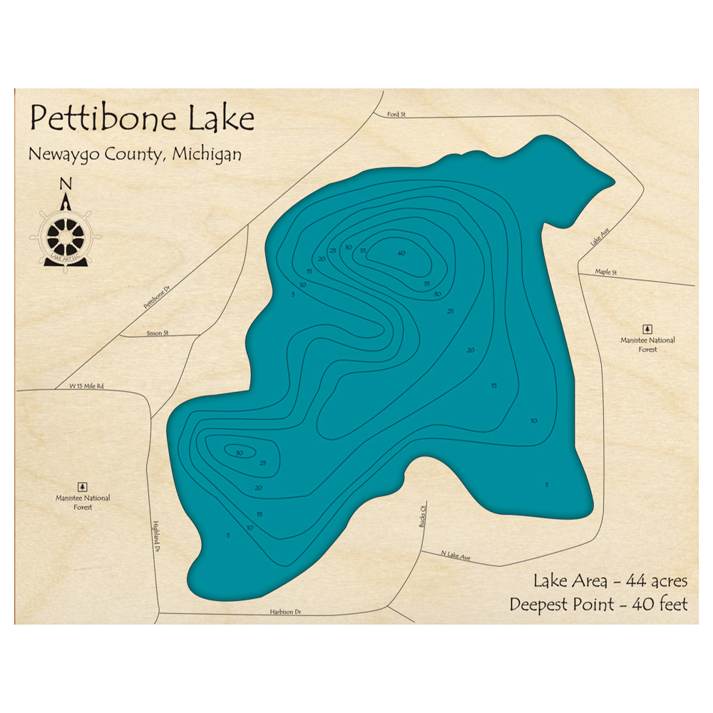 Bathymetric topo map of Pettibone Lake, MI with roads, towns and depths noted in blue water.