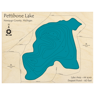 Bathymetric topo map of Pettibone Lake, MI with roads, towns and depths noted in blue water.
