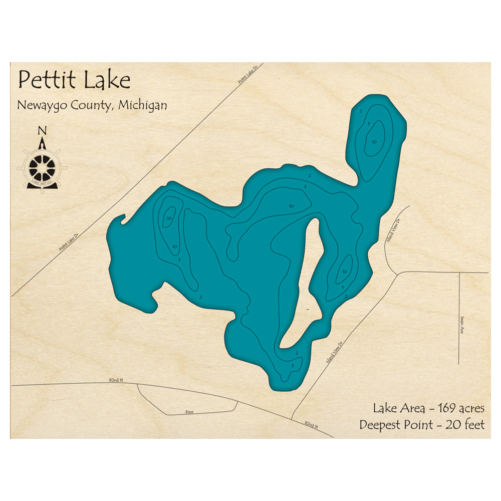 Bathymetric topo map of Pettit Lake, MI with roads, towns and depths noted in blue water.
