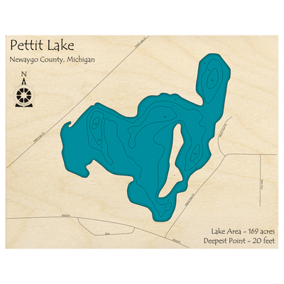 Bathymetric topo map of Pettit Lake, MI with roads, towns and depths noted in blue water.
