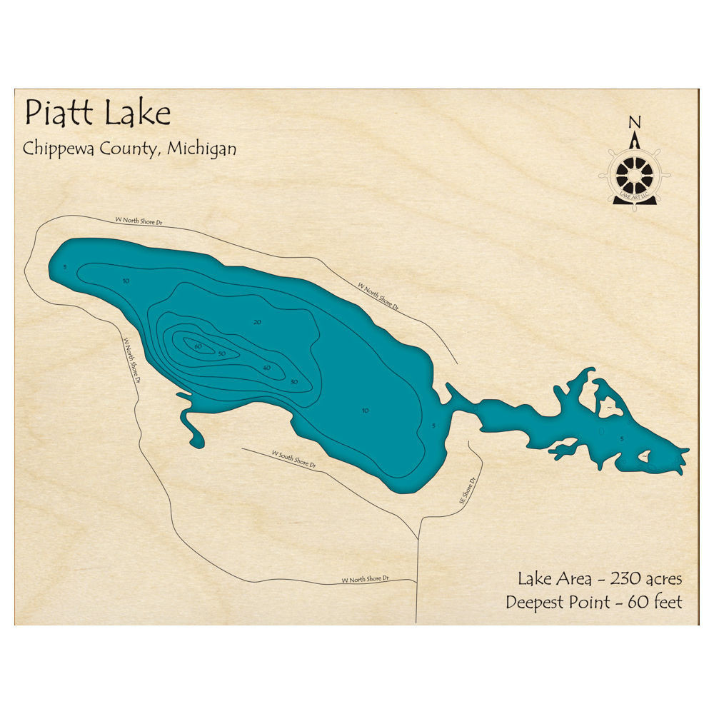 Bathymetric topo map of Piatt Lake, MI with roads, towns and depths noted in blue water.