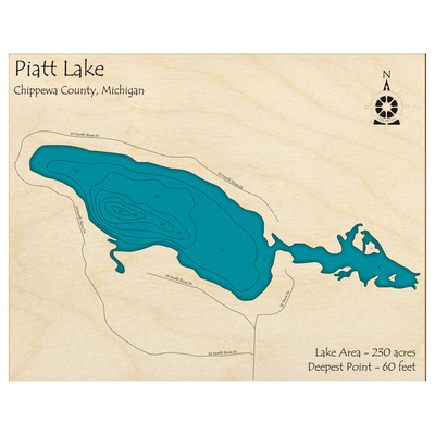 Bathymetric topo map of Piatt Lake, MI with roads, towns and depths noted in blue water.