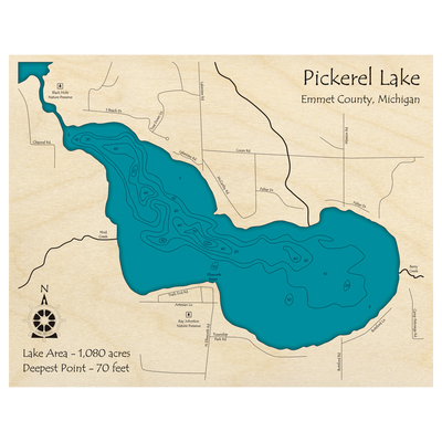 Bathymetric topo map of Pickerel Lake, MI with roads, towns and depths noted in blue water.