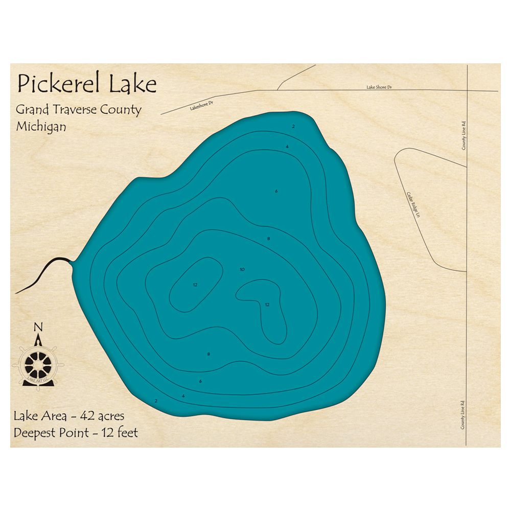 Bathymetric topo map of Pickerel Lake, MI with roads, towns and depths noted in blue water.