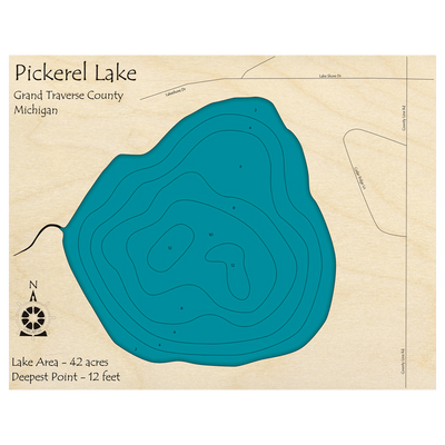 Bathymetric topo map of Pickerel Lake, MI with roads, towns and depths noted in blue water.
