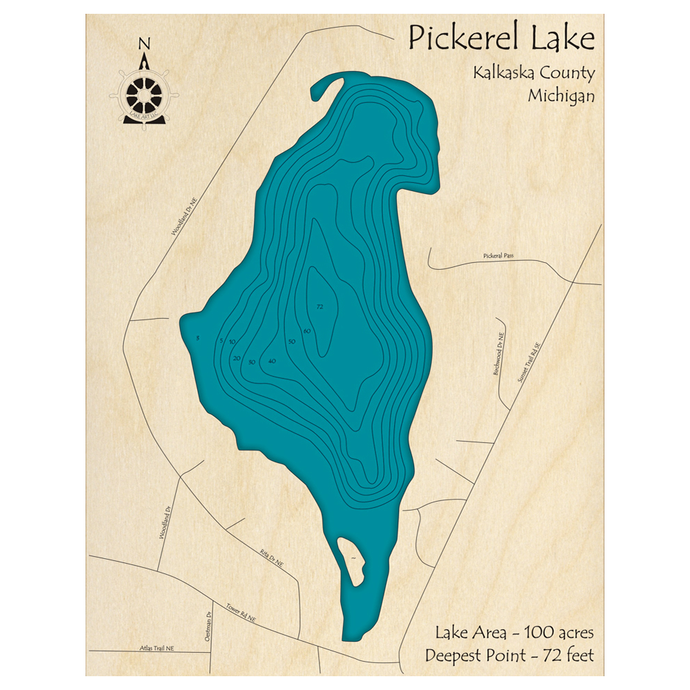 Bathymetric topo map of Pickerel Lake, MI with roads, towns and depths noted in blue water.