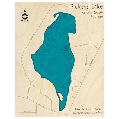 Bathymetric topo map of Pickerel Lake, MI with roads, towns and depths noted in blue water.