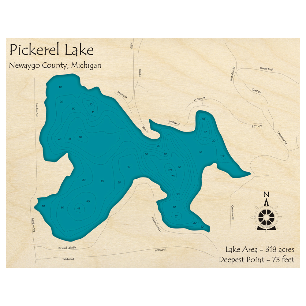 Bathymetric topo map of Pickerel Lake, MI with roads, towns and depths noted in blue water.