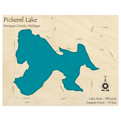 Bathymetric topo map of Pickerel Lake, MI with roads, towns and depths noted in blue water.
