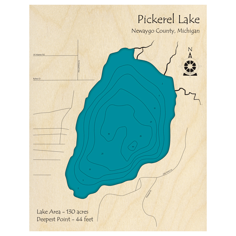 Bathymetric topo map of Pickerel Lake, MI with roads, towns and depths noted in blue water.