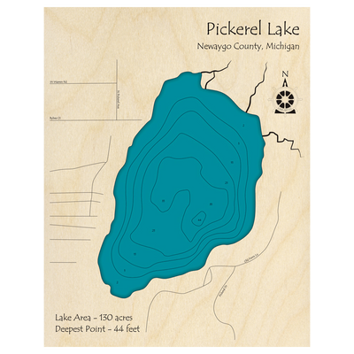 Bathymetric topo map of Pickerel Lake, MI with roads, towns and depths noted in blue water.