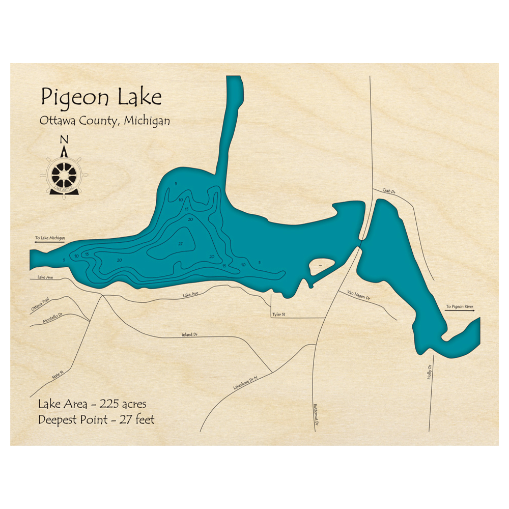 Bathymetric topo map of Pigeon Lake, MI with roads, towns and depths noted in blue water.