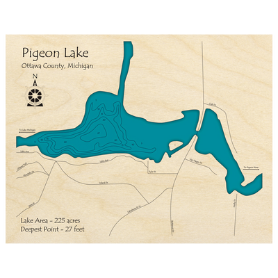 Bathymetric topo map of Pigeon Lake, MI with roads, towns and depths noted in blue water.