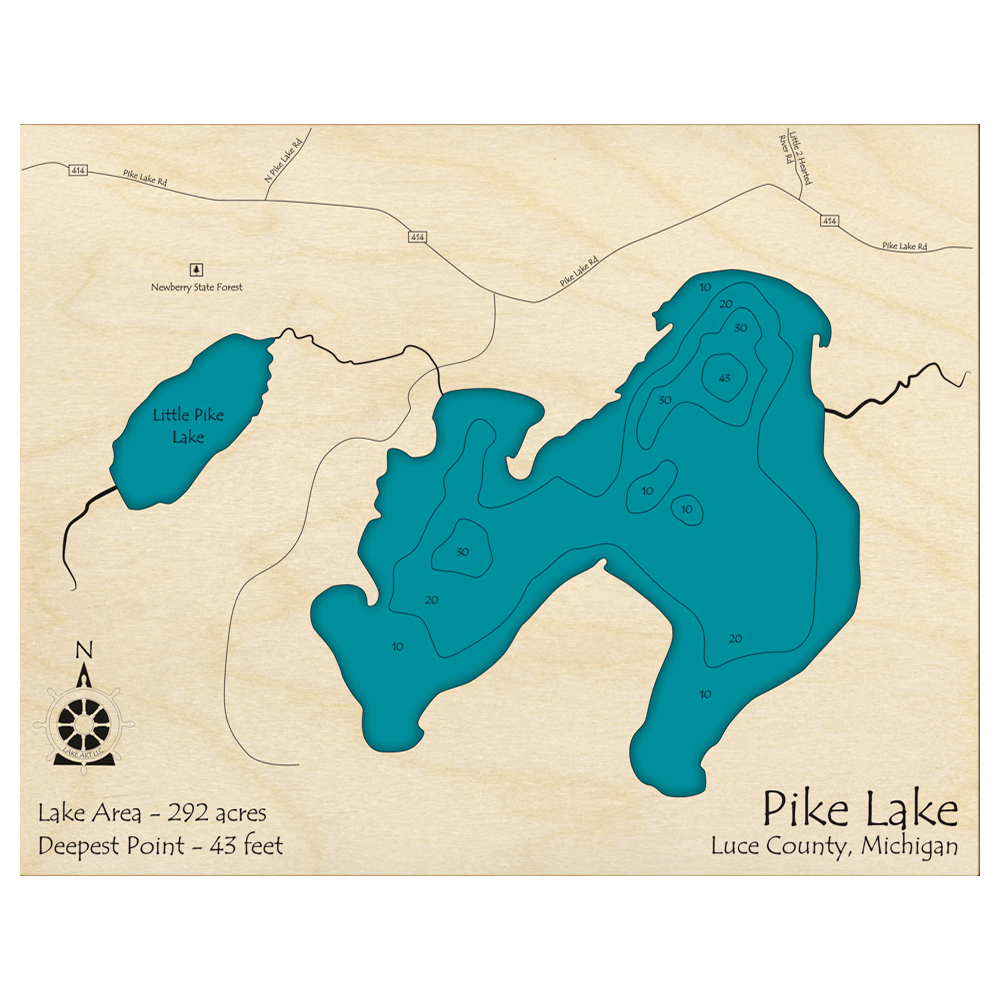 Bathymetric topo map of Pike Lake, MI with roads, towns and depths noted in blue water.