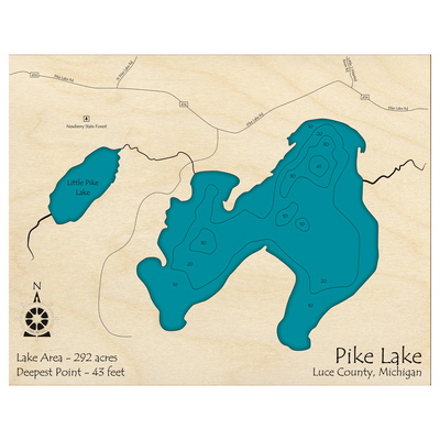 Bathymetric topo map of Pike Lake, MI with roads, towns and depths noted in blue water.