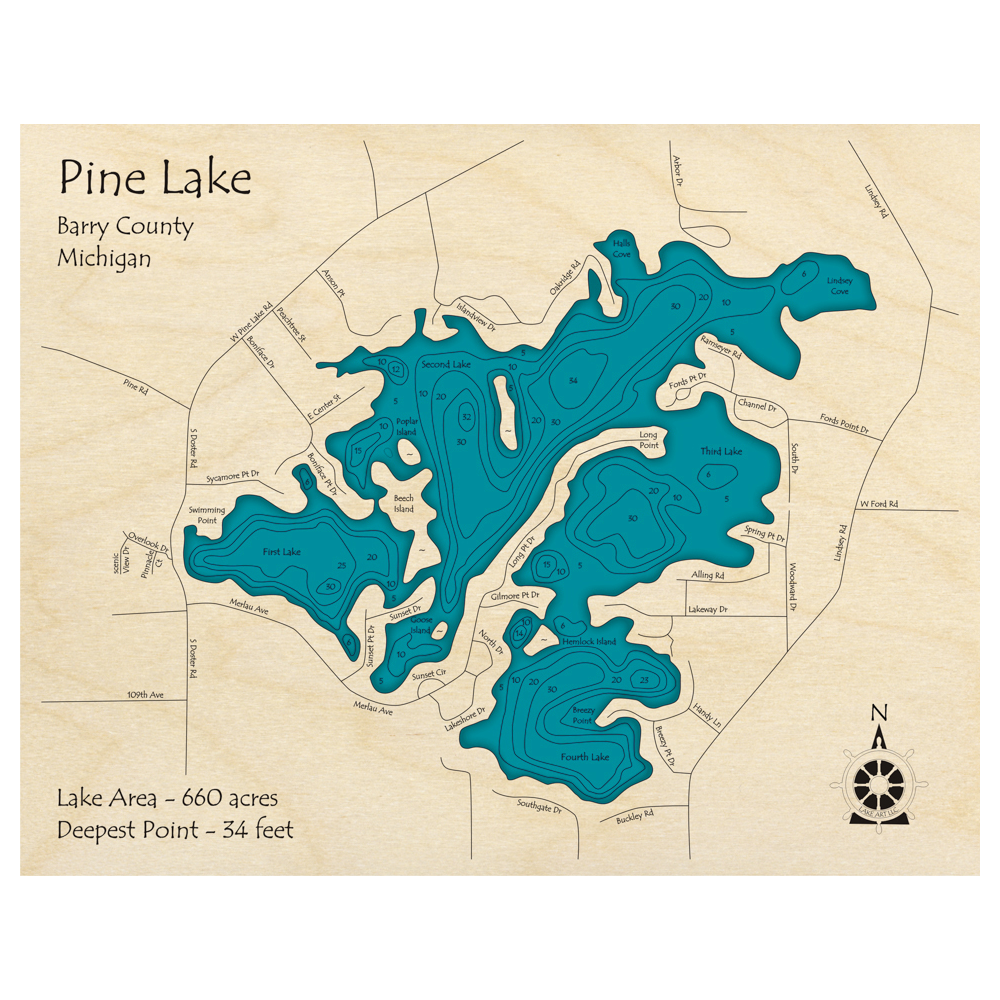 Bathymetric topo map of Pine Lake, MI with roads, towns and depths noted in blue water.
