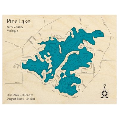 Bathymetric topo map of Pine Lake, MI with roads, towns and depths noted in blue water.