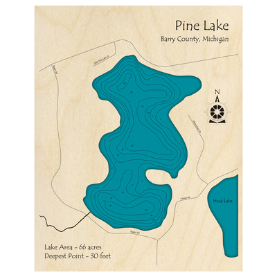 Bathymetric topo map of Pine Lake, MI with roads, towns and depths noted in blue water.