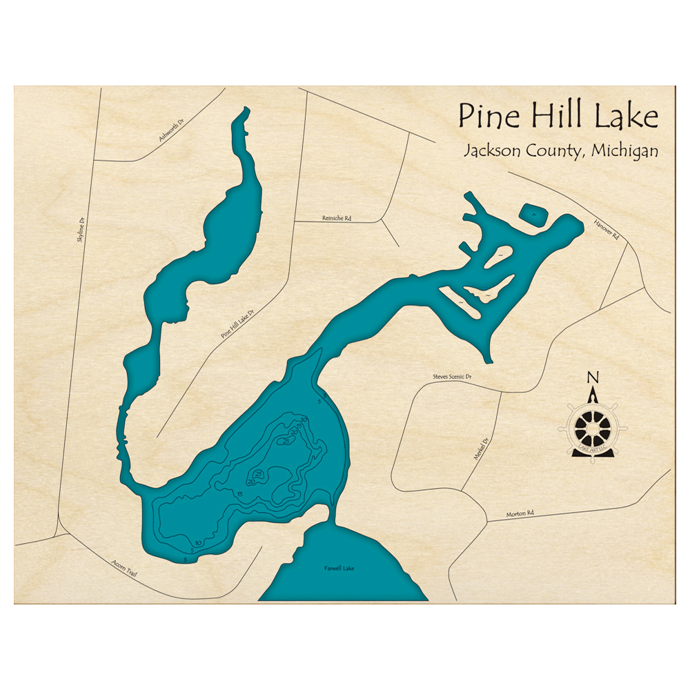 Bathymetric topo map of Pine Hill Lake, MI with roads, towns and depths noted in blue water.