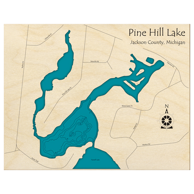 Bathymetric topo map of Pine Hill Lake, MI with roads, towns and depths noted in blue water.