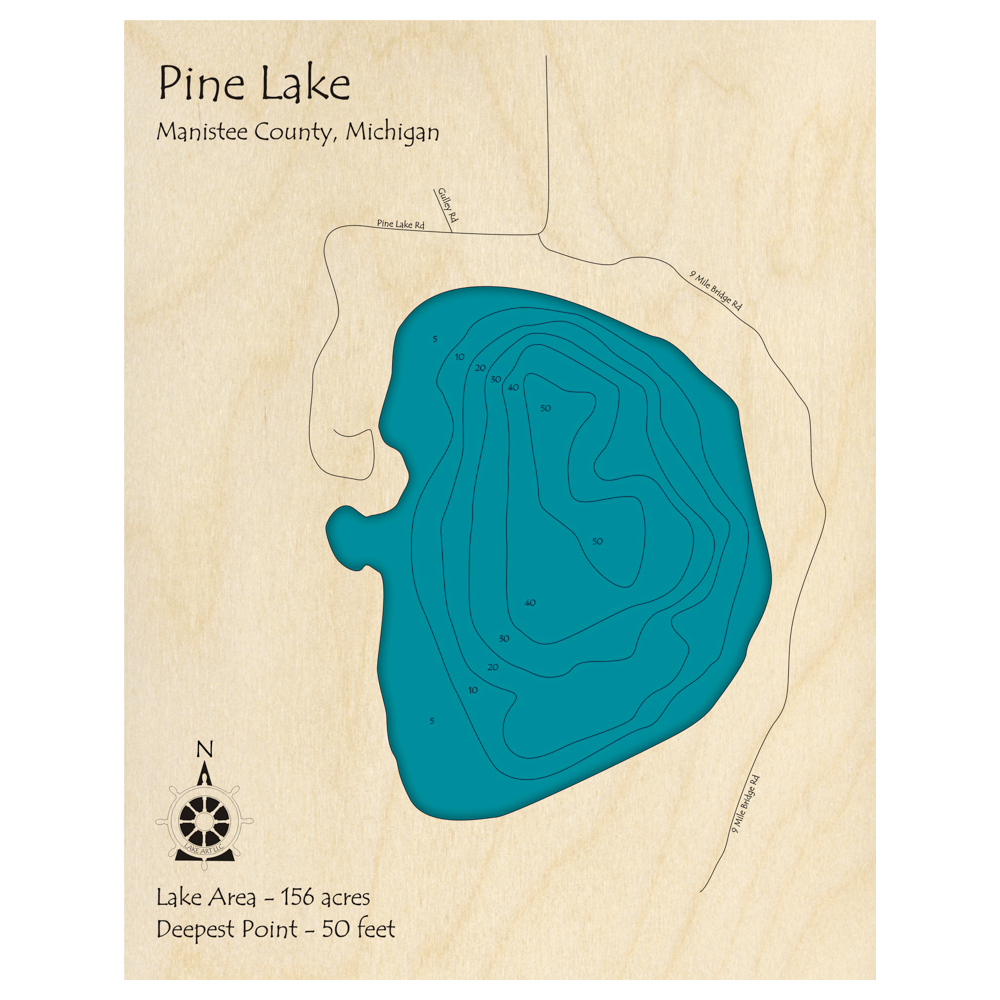 Bathymetric topo map of Pine Lake, MI with roads, towns and depths noted in blue water.