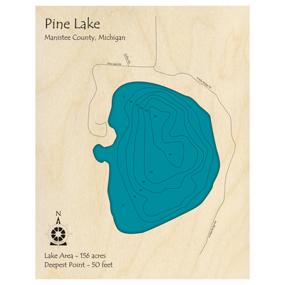 Bathymetric topo map of Pine Lake, MI with roads, towns and depths noted in blue water.