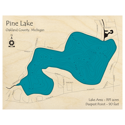 Bathymetric topo map of Pine Lake, MI with roads, towns and depths noted in blue water.