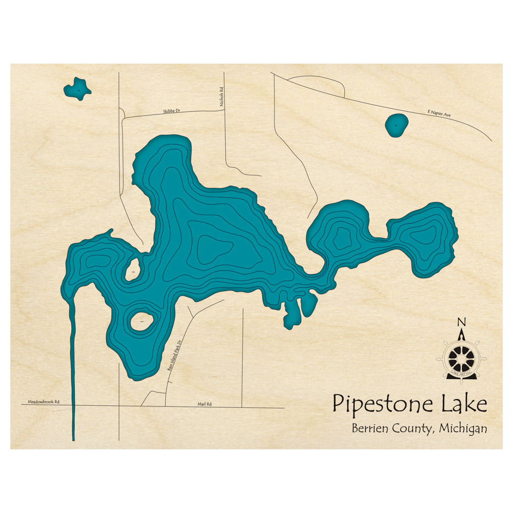 Bathymetric topo map of Pipestone Lake, MI with roads, towns and depths noted in blue water.