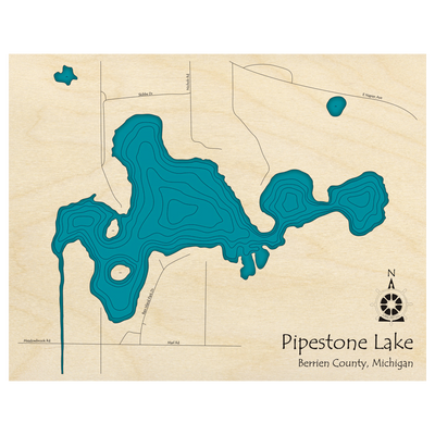 Bathymetric topo map of Pipestone Lake, MI with roads, towns and depths noted in blue water.