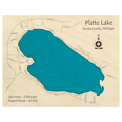 Bathymetric topo map of Platte Lake, MI with roads, towns and depths noted in blue water.