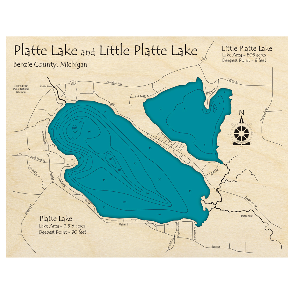 Bathymetric topo map of Platte Lake, MI with roads, towns and depths noted in blue water.