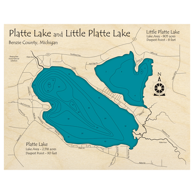 Bathymetric topo map of Platte Lake, MI with roads, towns and depths noted in blue water.
