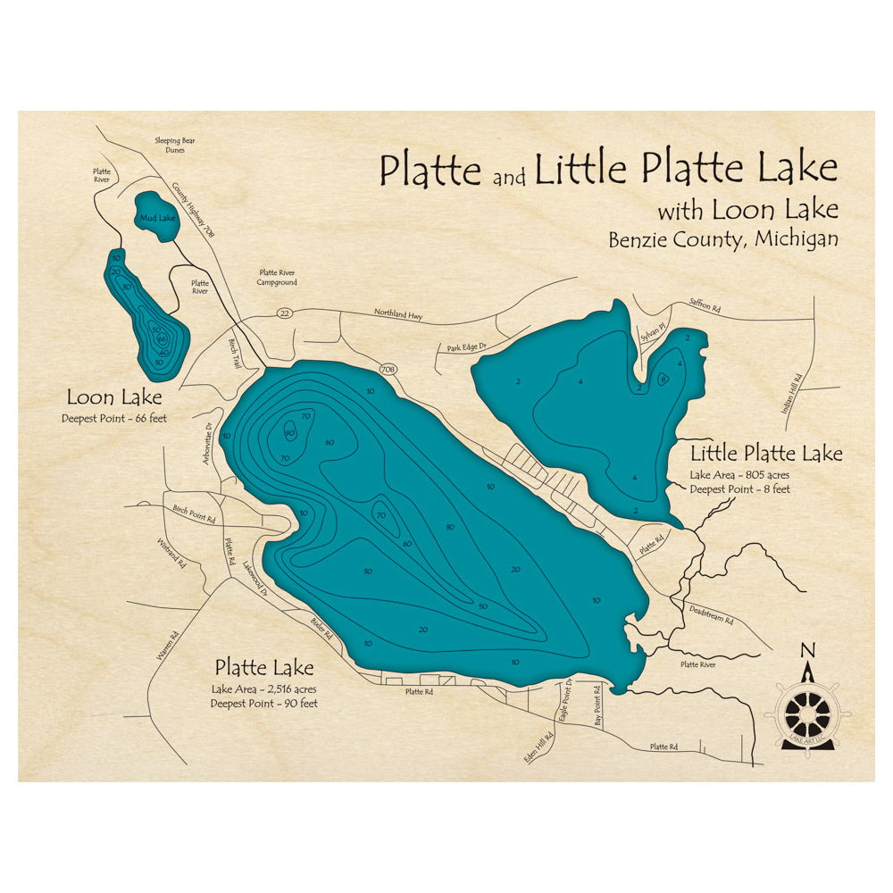 Bathymetric topo map of Platte Lake, MI with roads, towns and depths noted in blue water.