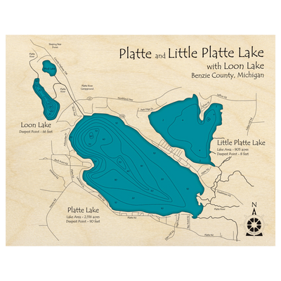 Bathymetric topo map of Platte Lake, MI with roads, towns and depths noted in blue water.