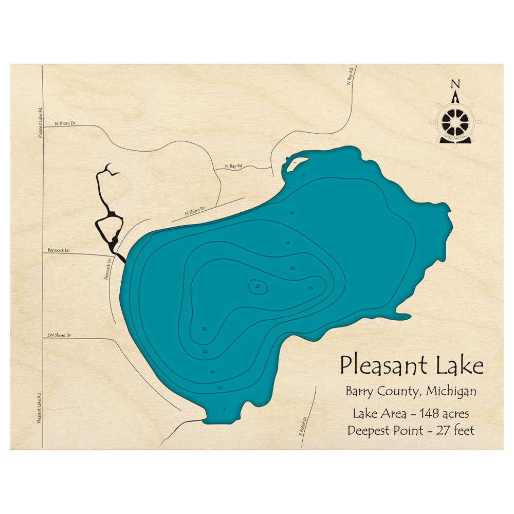 Bathymetric topo map of Pleasant Lake, MI with roads, towns and depths noted in blue water.