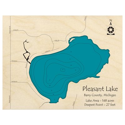 Bathymetric topo map of Pleasant Lake, MI with roads, towns and depths noted in blue water.