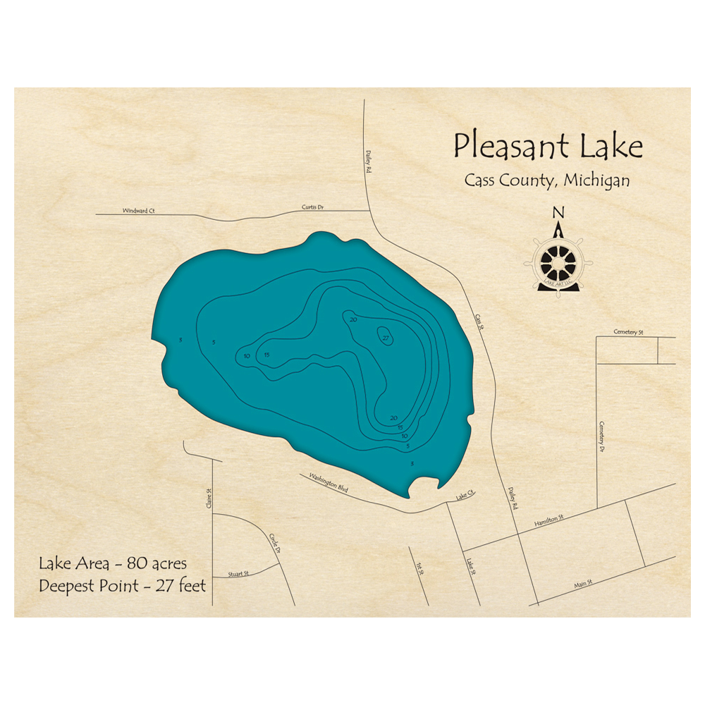 Bathymetric topo map of Pleasant Lake, MI with roads, towns and depths noted in blue water.