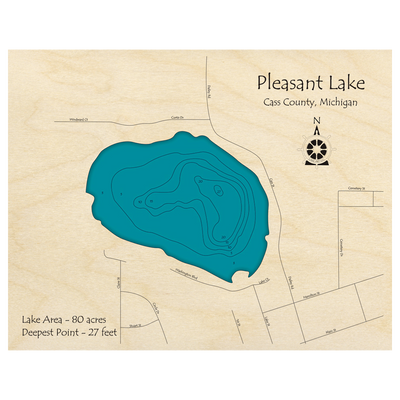 Bathymetric topo map of Pleasant Lake, MI with roads, towns and depths noted in blue water.