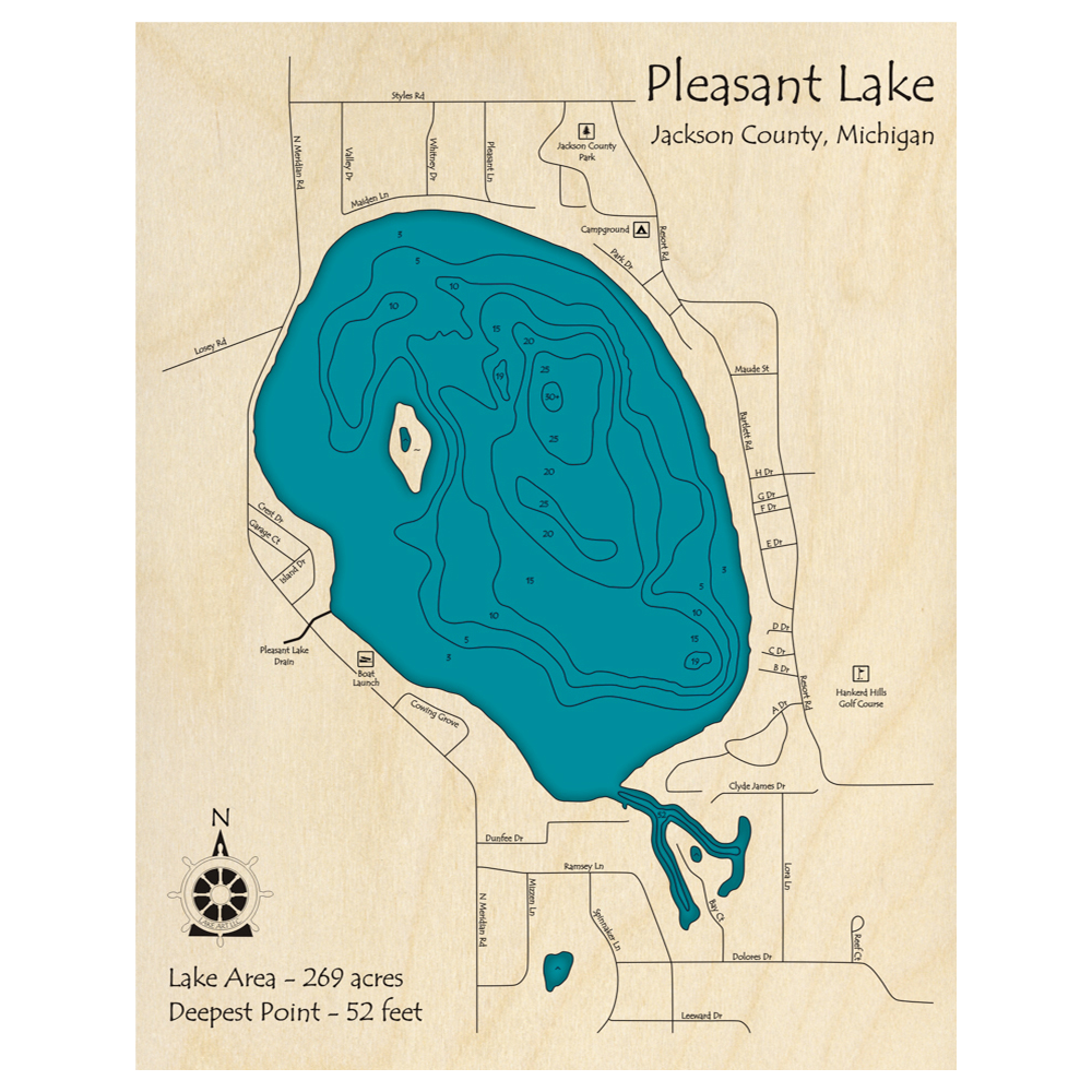 Bathymetric topo map of Pleasant Lake, MI with roads, towns and depths noted in blue water.