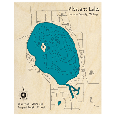 Bathymetric topo map of Pleasant Lake, MI with roads, towns and depths noted in blue water.