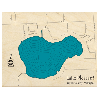 Bathymetric topo map of Lake Pleasant, MI with roads, towns and depths noted in blue water.