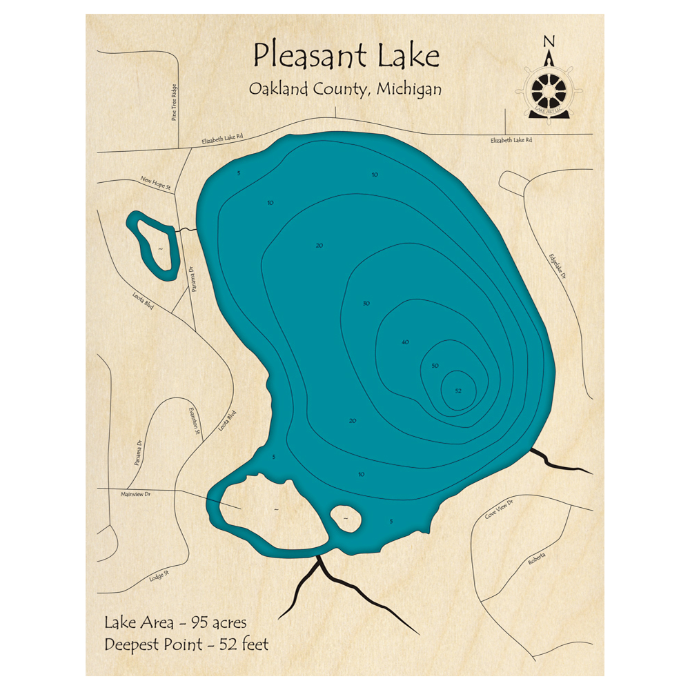 Bathymetric topo map of Pleasant Lake, MI with roads, towns and depths noted in blue water.