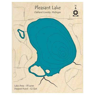 Bathymetric topo map of Pleasant Lake, MI with roads, towns and depths noted in blue water.