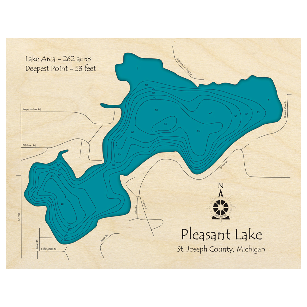 Bathymetric topo map of Pleasant Lake, MI with roads, towns and depths noted in blue water.