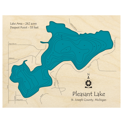 Bathymetric topo map of Pleasant Lake, MI with roads, towns and depths noted in blue water.