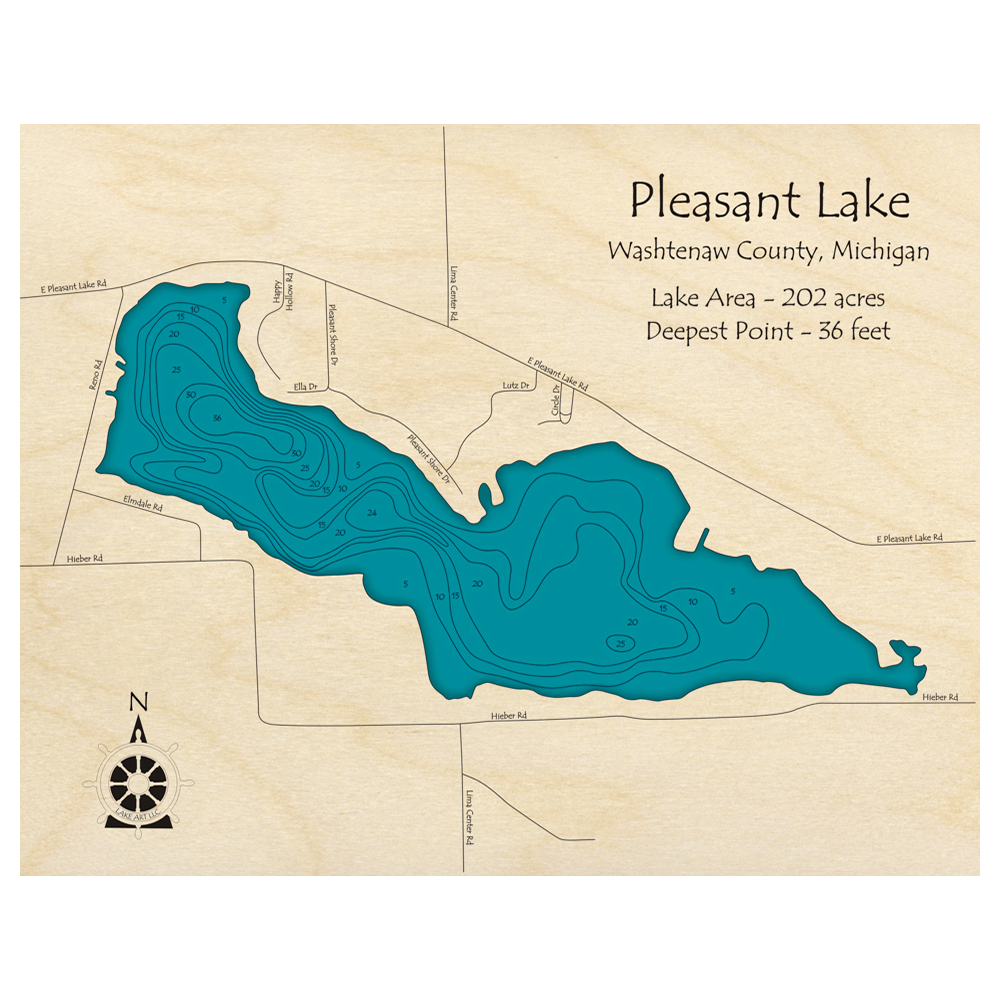 Bathymetric topo map of Pleasant Lake, MI with roads, towns and depths noted in blue water.