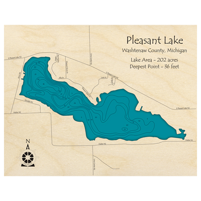 Bathymetric topo map of Pleasant Lake, MI with roads, towns and depths noted in blue water.