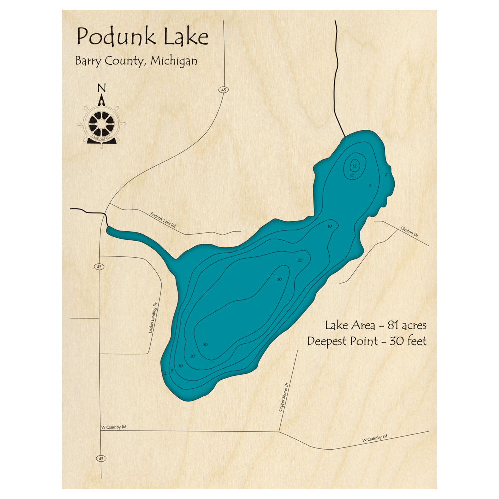 Bathymetric topo map of Podunk Lake, MI with roads, towns and depths noted in blue water.